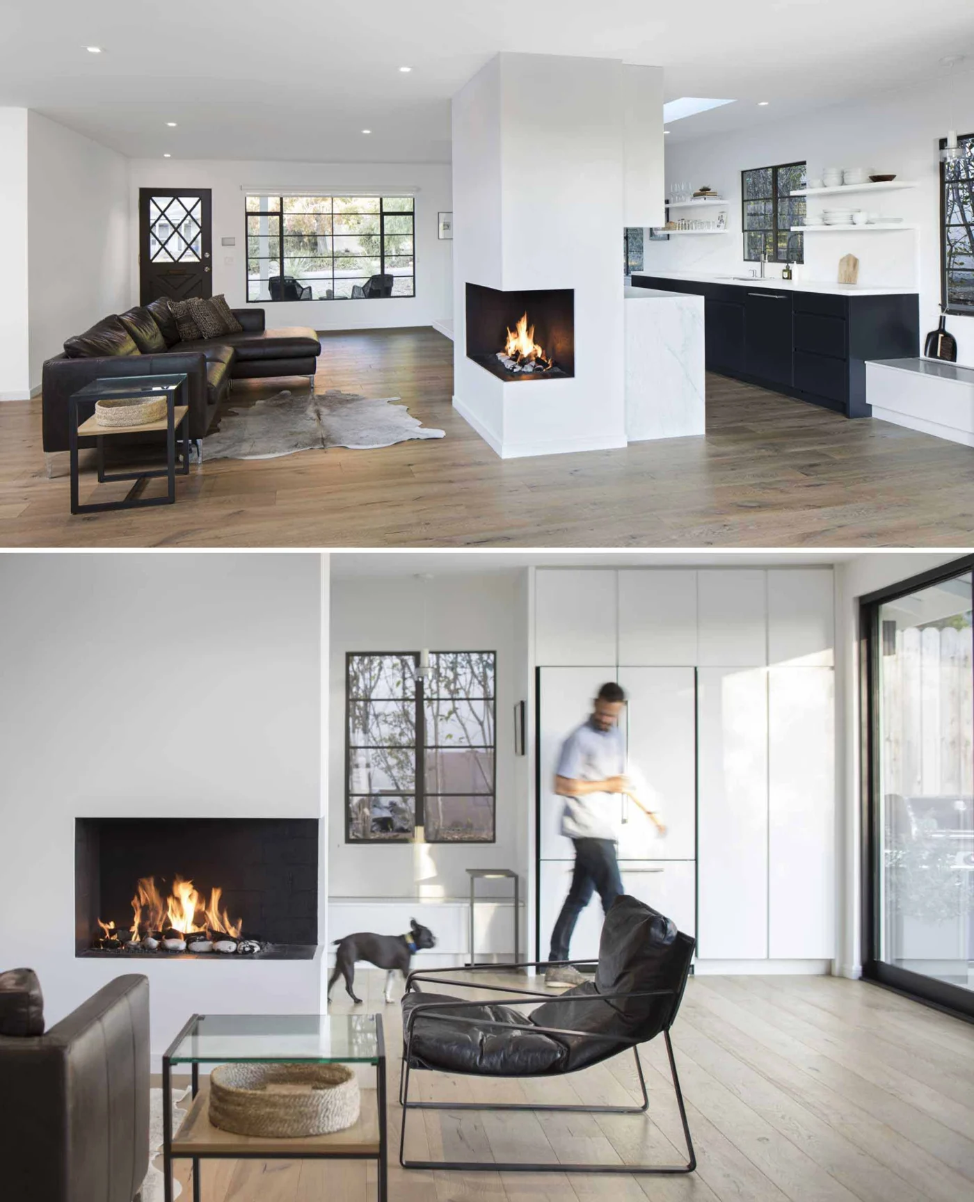 Living room with white finishes, light wood and a fireplace