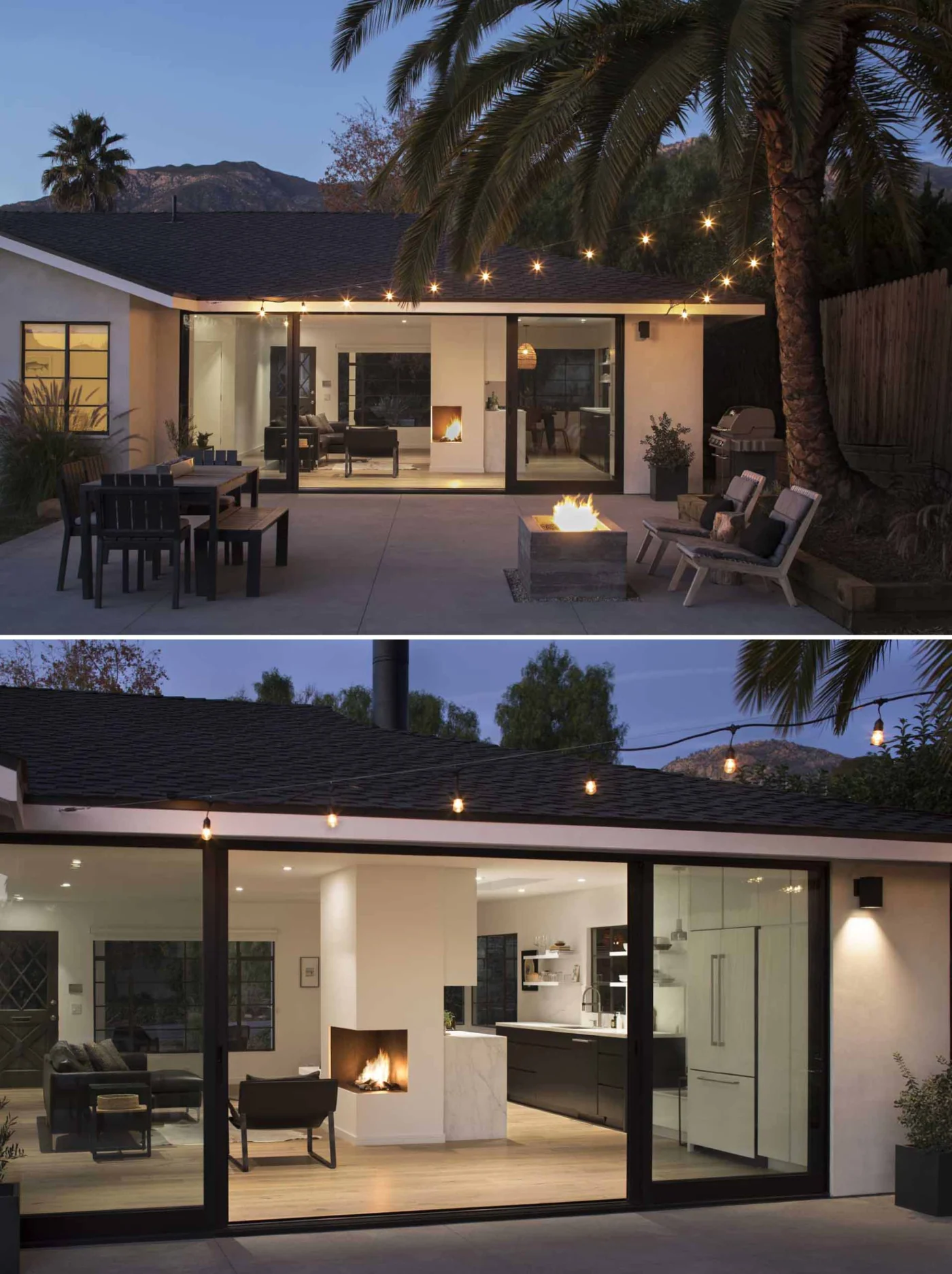 Backyard at dusk under string lights, looking into the living room