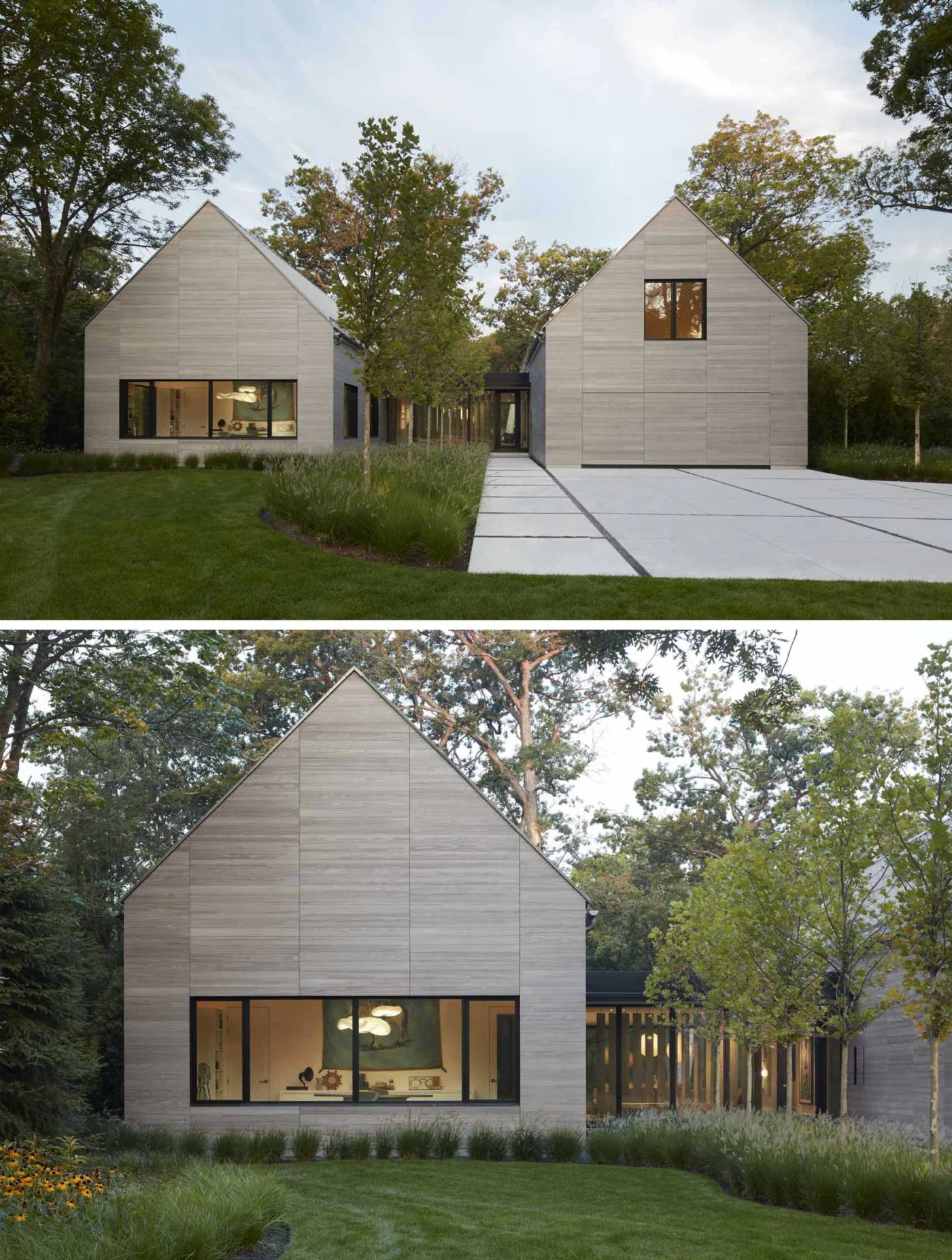 Two gabled volumes clad in warm grey wood siding with zinc-coloured roofs