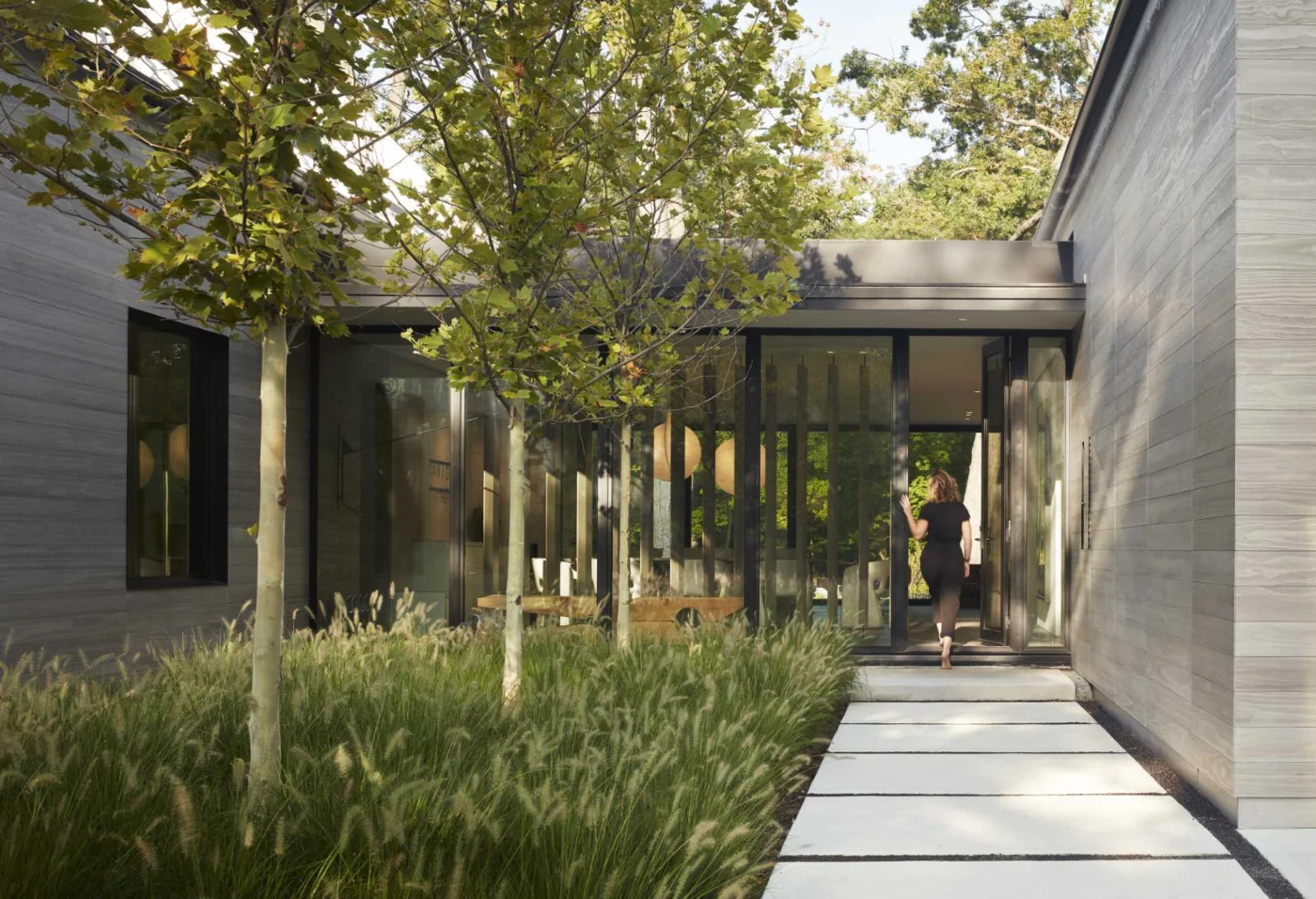 Path through tall grasses to the glass front door in the breezeway