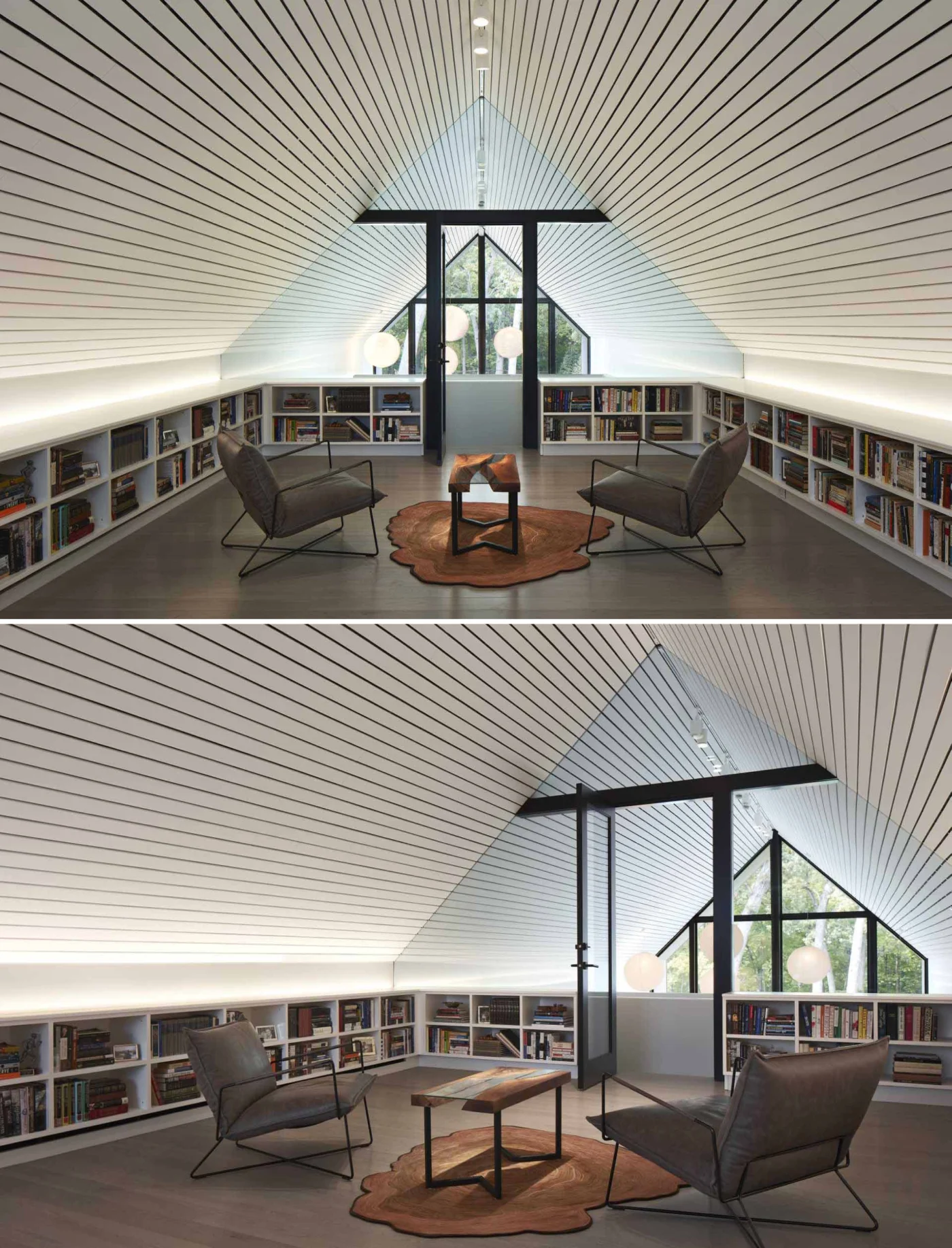 Library under a white slatted wood ceiling with low bookcases