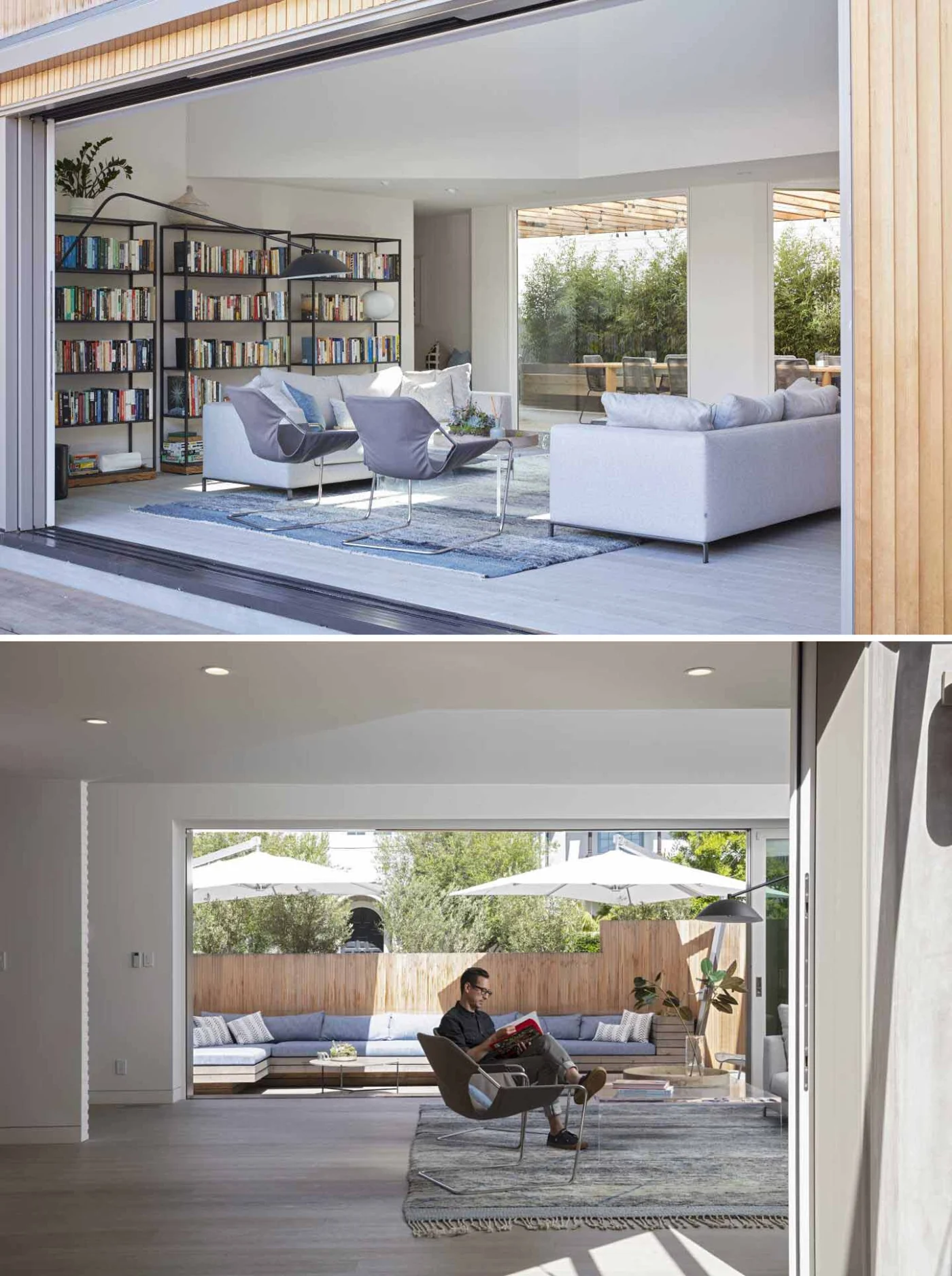 Living room with two large sliding doors opening to outdoor spaces