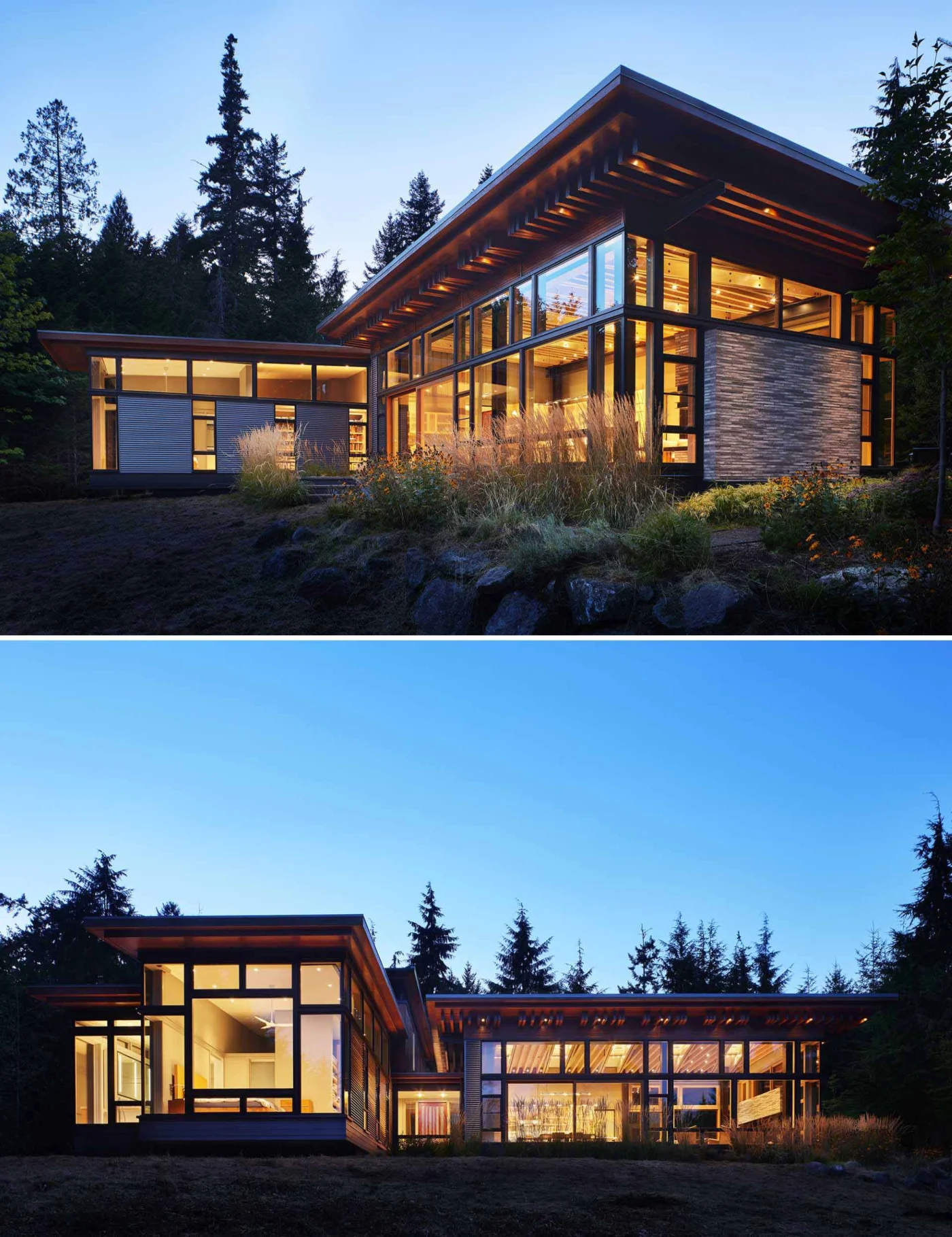 Pacific Northwest house on Bainbridge Island glowing at dusk in a forest clearing