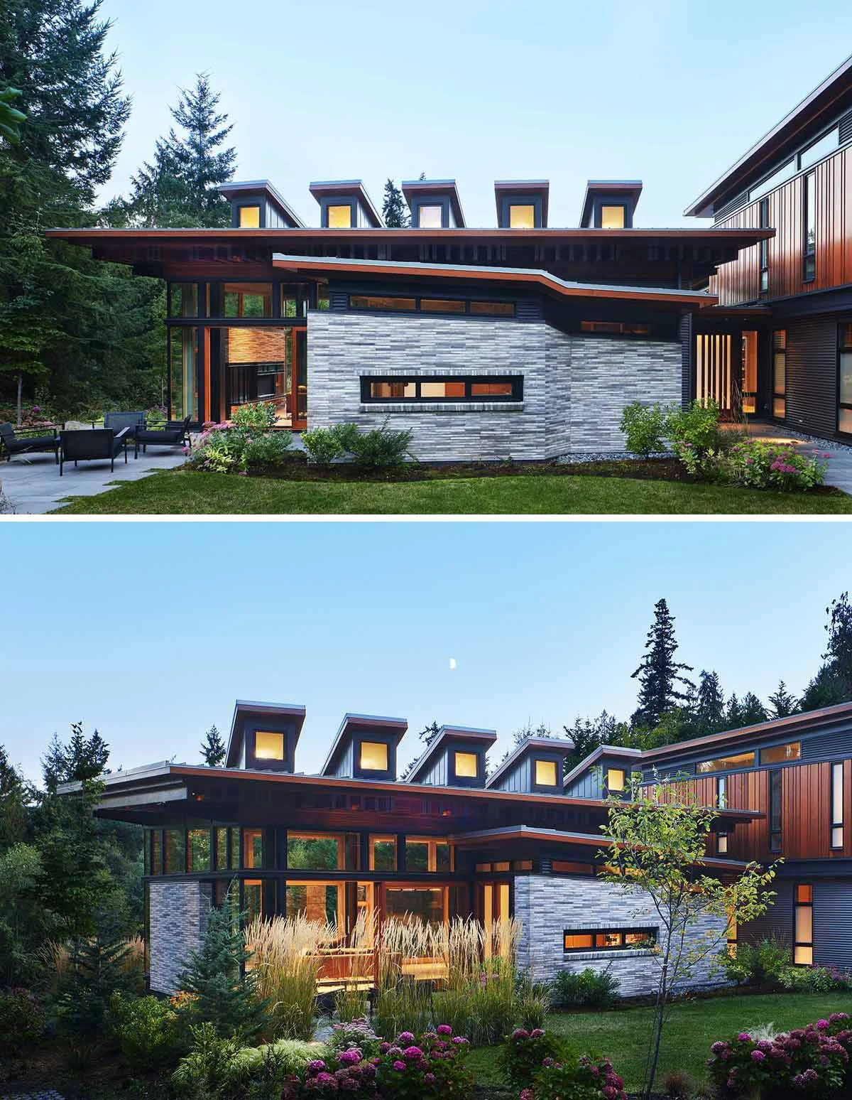 Clerestory windows and deep roof overhangs above a stone wall