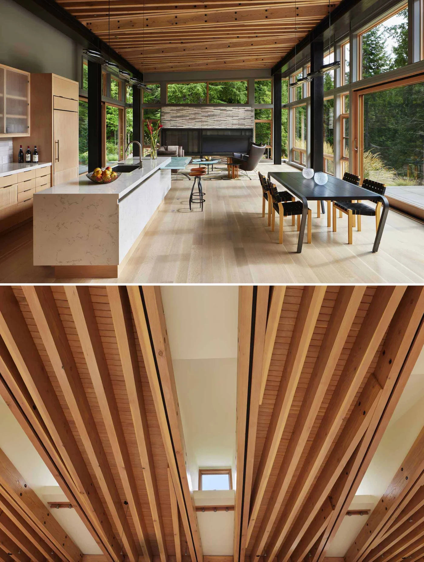 Wood beam ceiling crossed by light from roof monitors