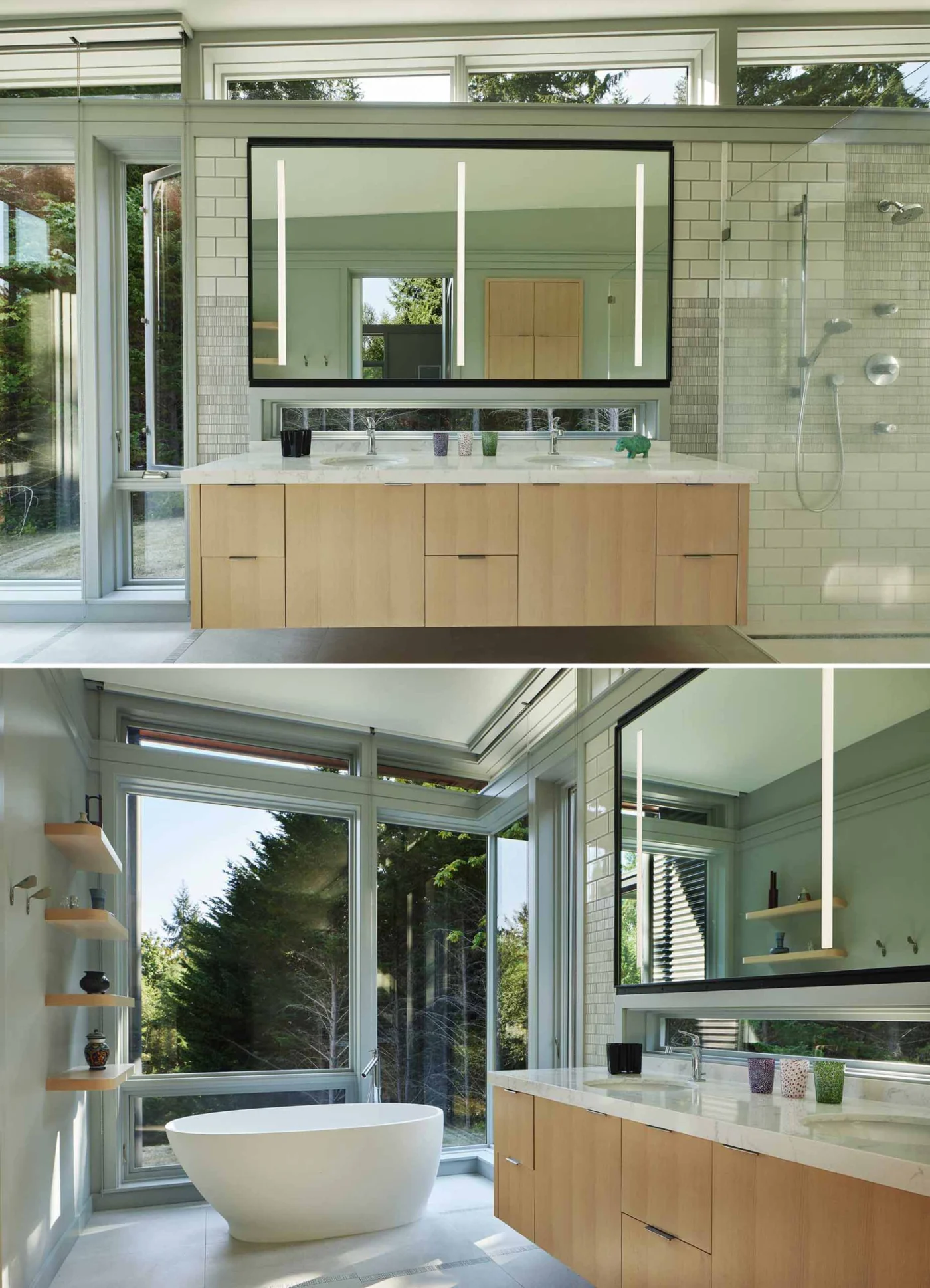 Bathroom with wraparound clerestory windows and a bathtub by the glass