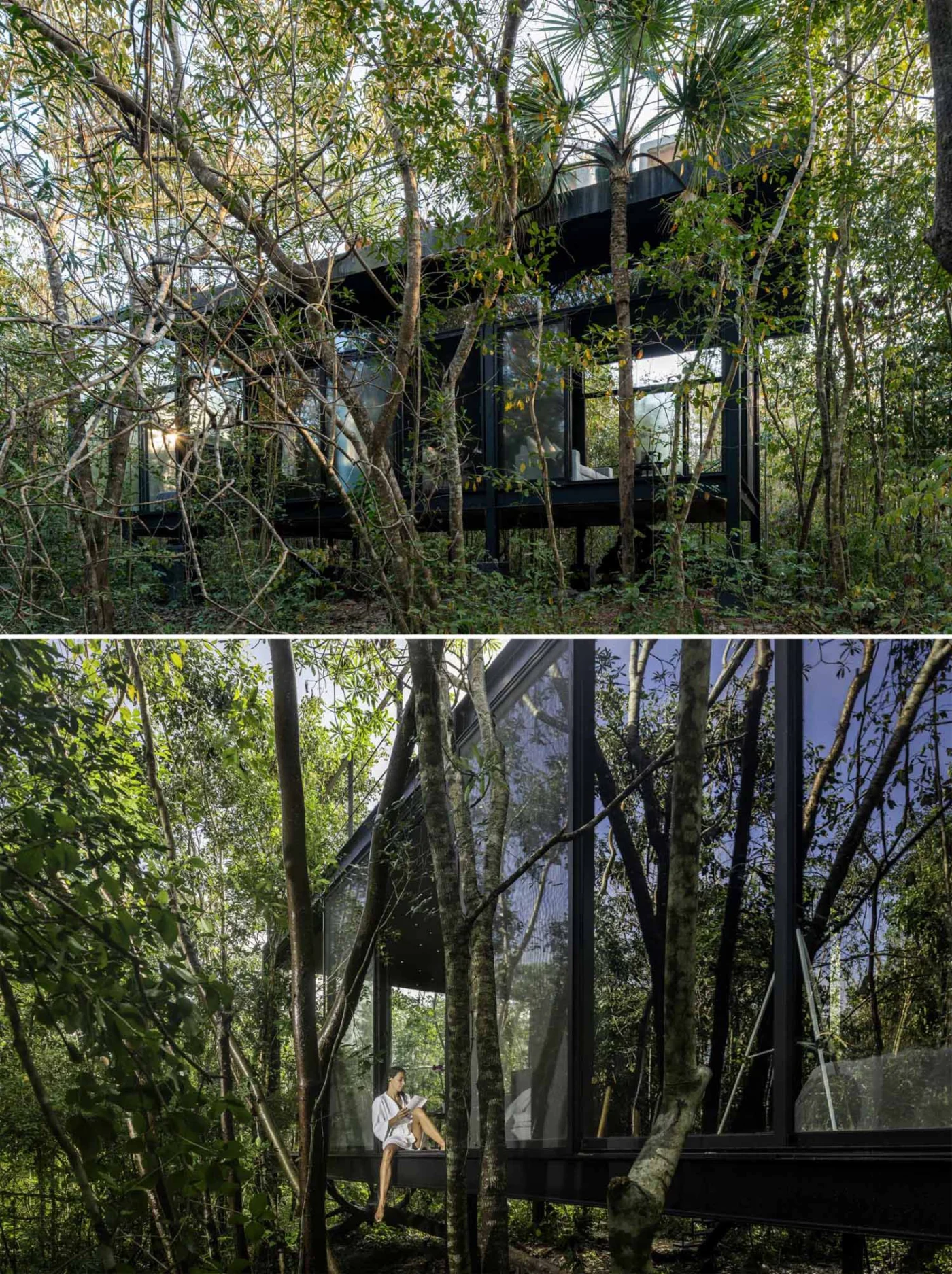 Steel and glass house of the off-grid Glass 20.87 project in Mexico
