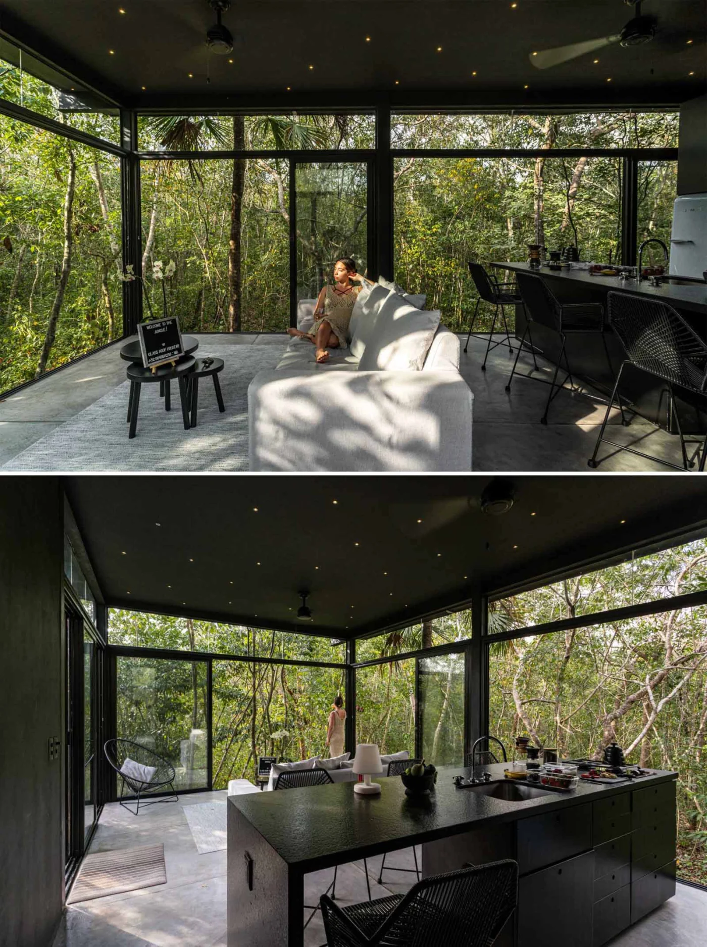 Living spaces opening fully to the Mayan jungle