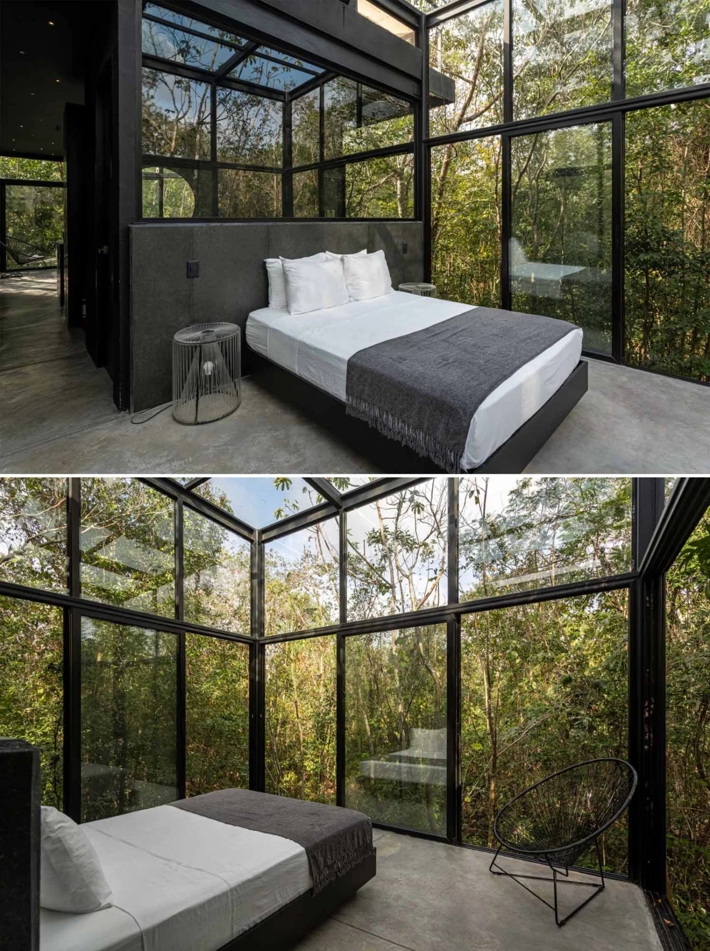 Bedroom with black-framed windows and sliding walls facing the jungle
