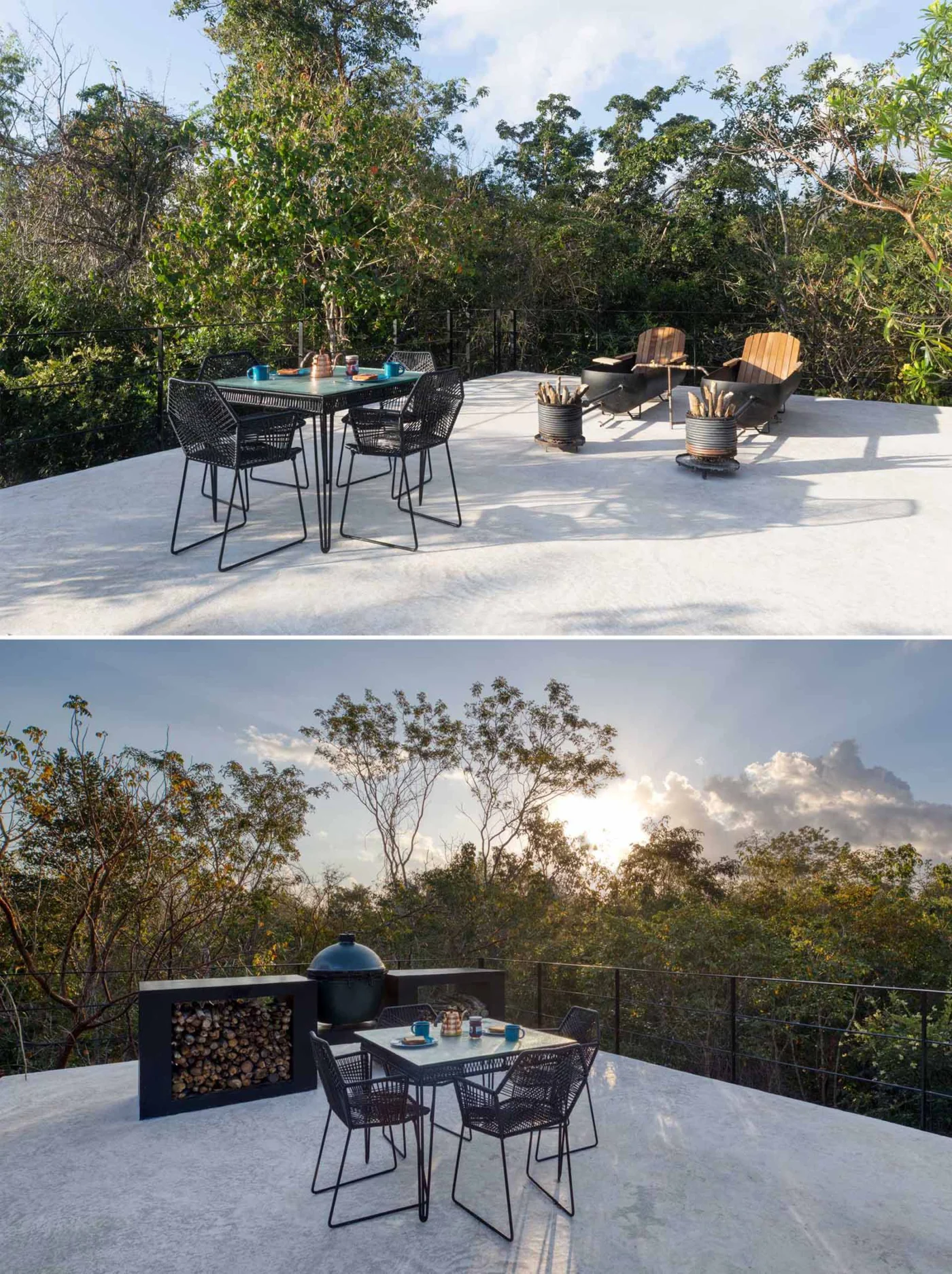 Rooftop with a barbecue area, a dining area and two wood-fired tubs