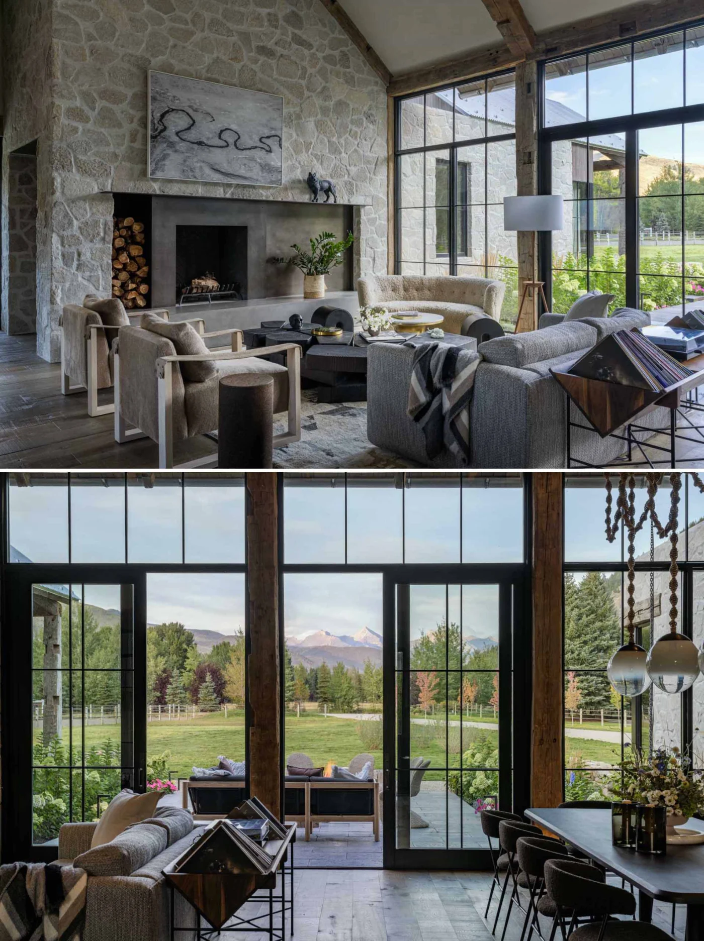 Living area with floor-to-ceiling glass looking out to the mountains