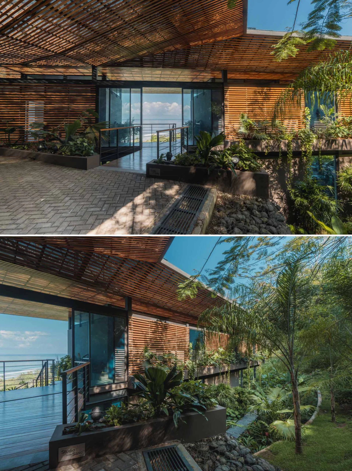 Wooden bridge over a bamboo grove leading to the entrance with framed water views