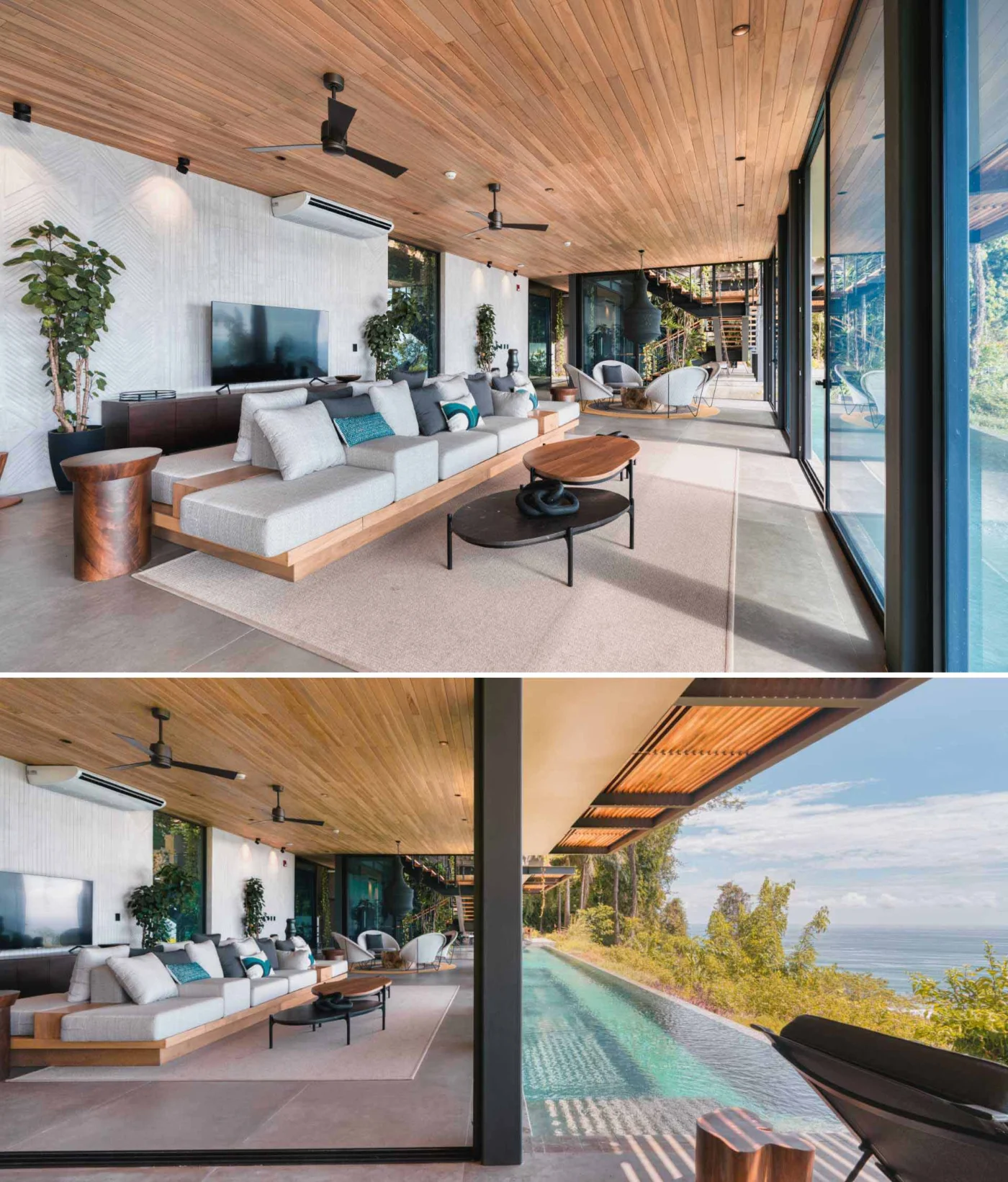 Living room with a double-sided sofa and a sitting area under a sculptural pendant light