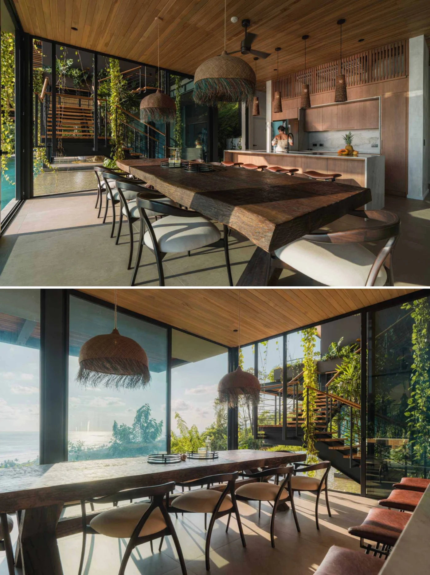 Open-plan dining area with a live edge table facing the pool and atrium stairs