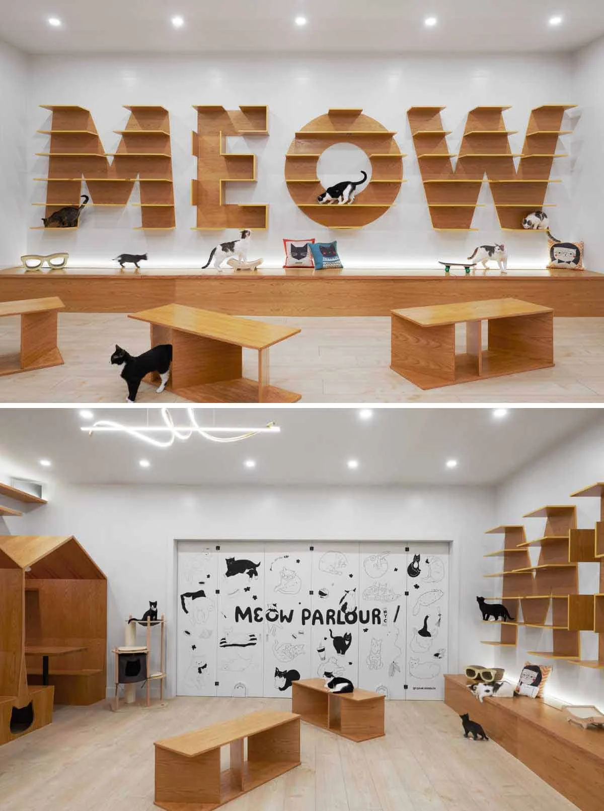 House-shaped seating cubbies with roof openings and cat-shaped cut-outs below