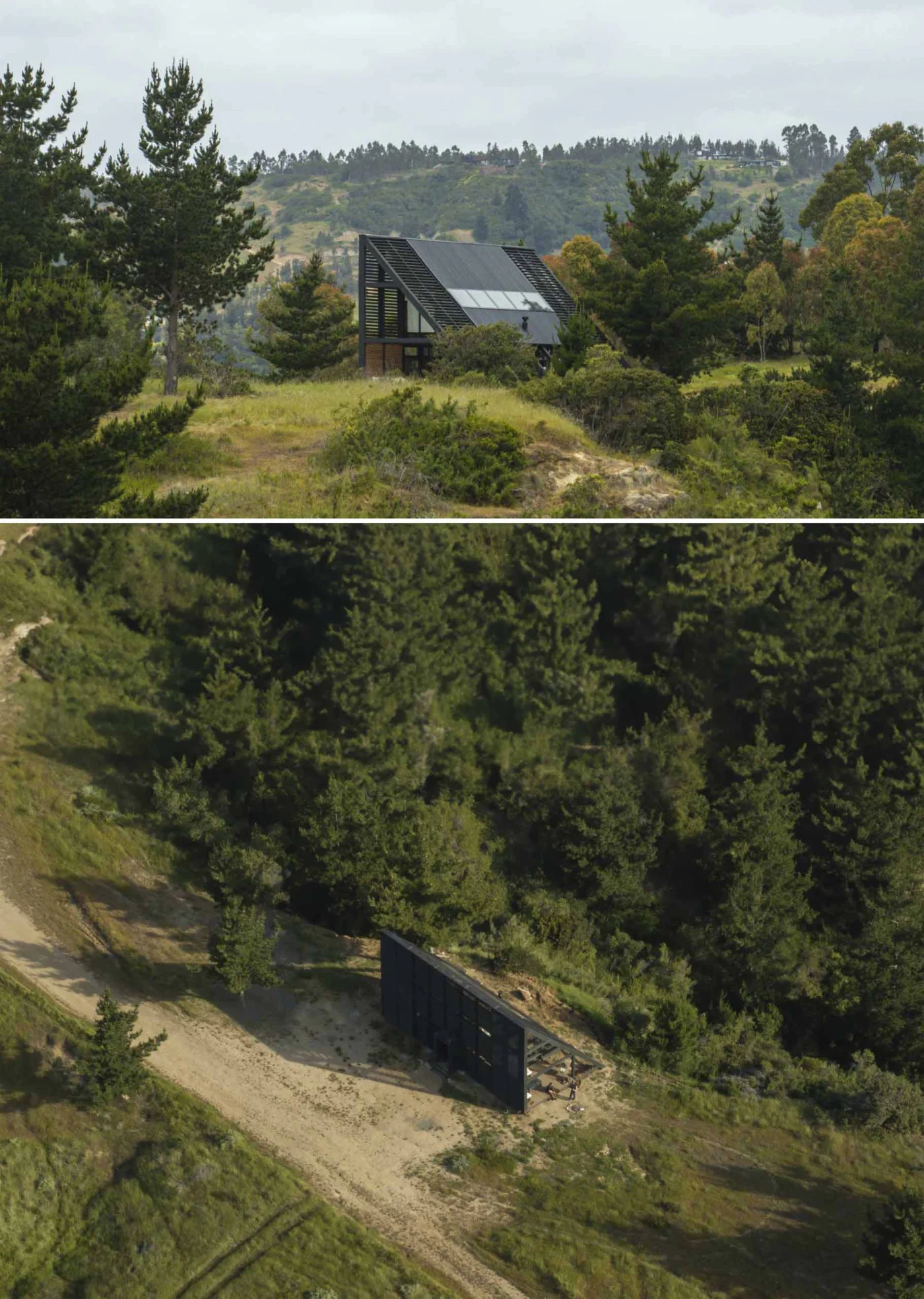 Aerial view of the house on the only flat part of a wooded site