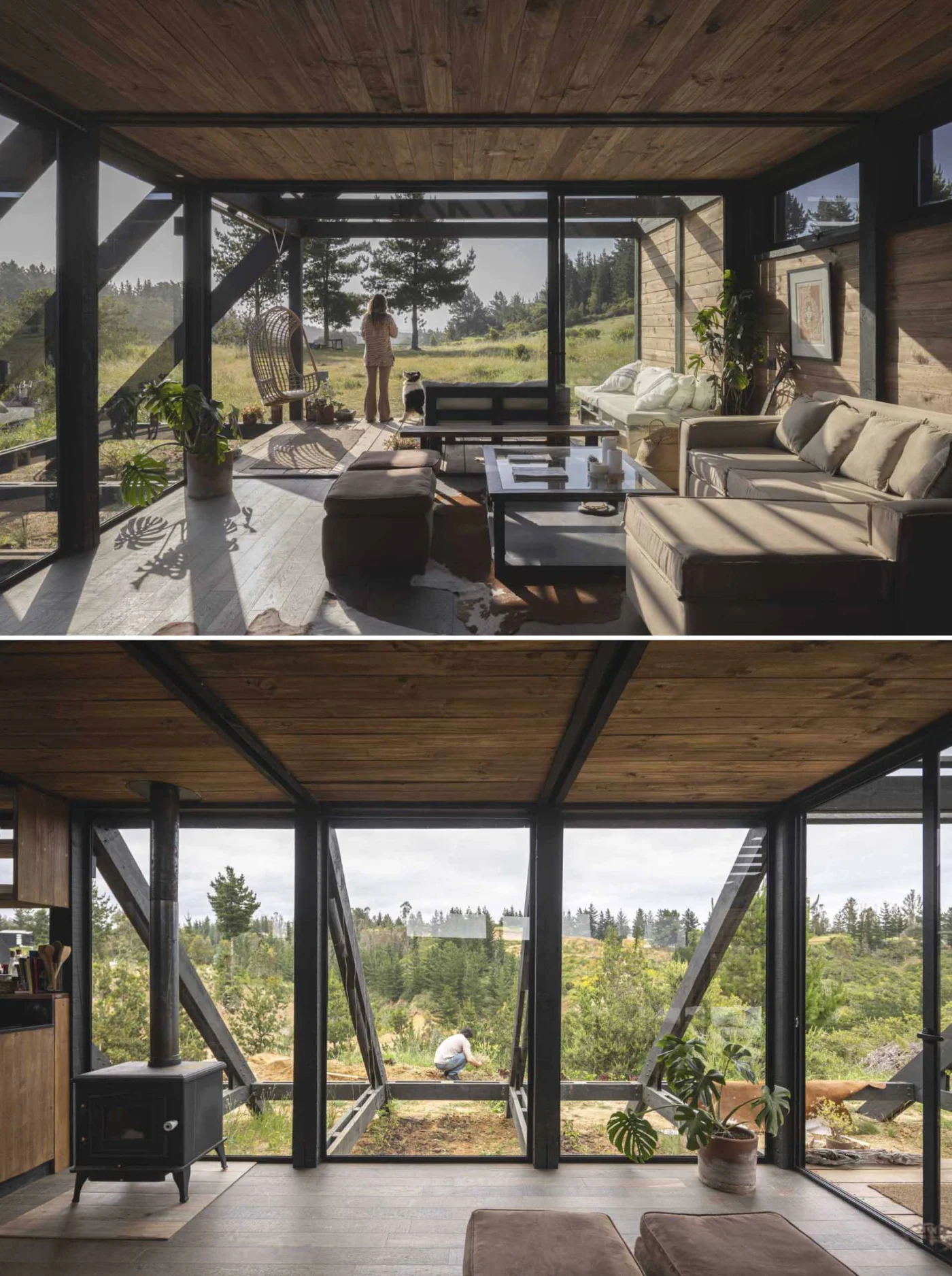 Living room with glass walls opening to the deck and landscape