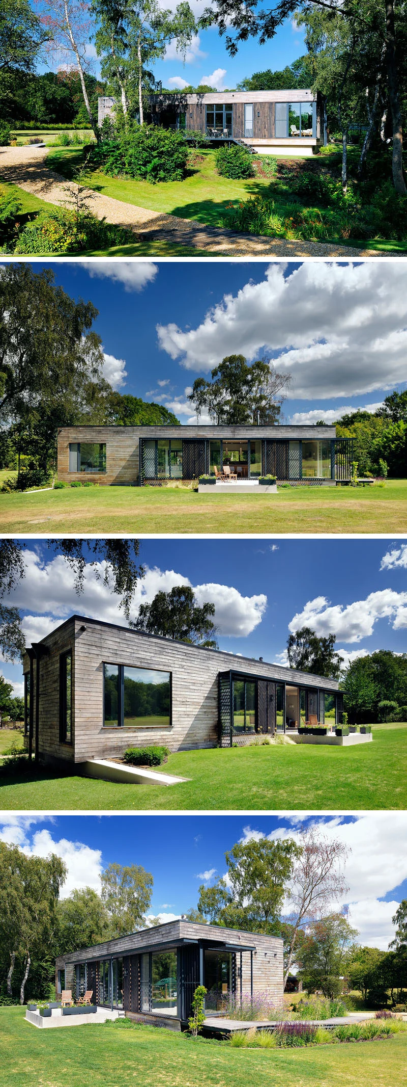 The low timber mobile home seen from around its garden