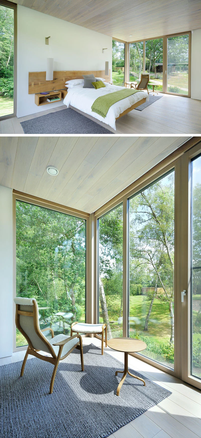 Bedroom with a floating bed and a chair facing the view