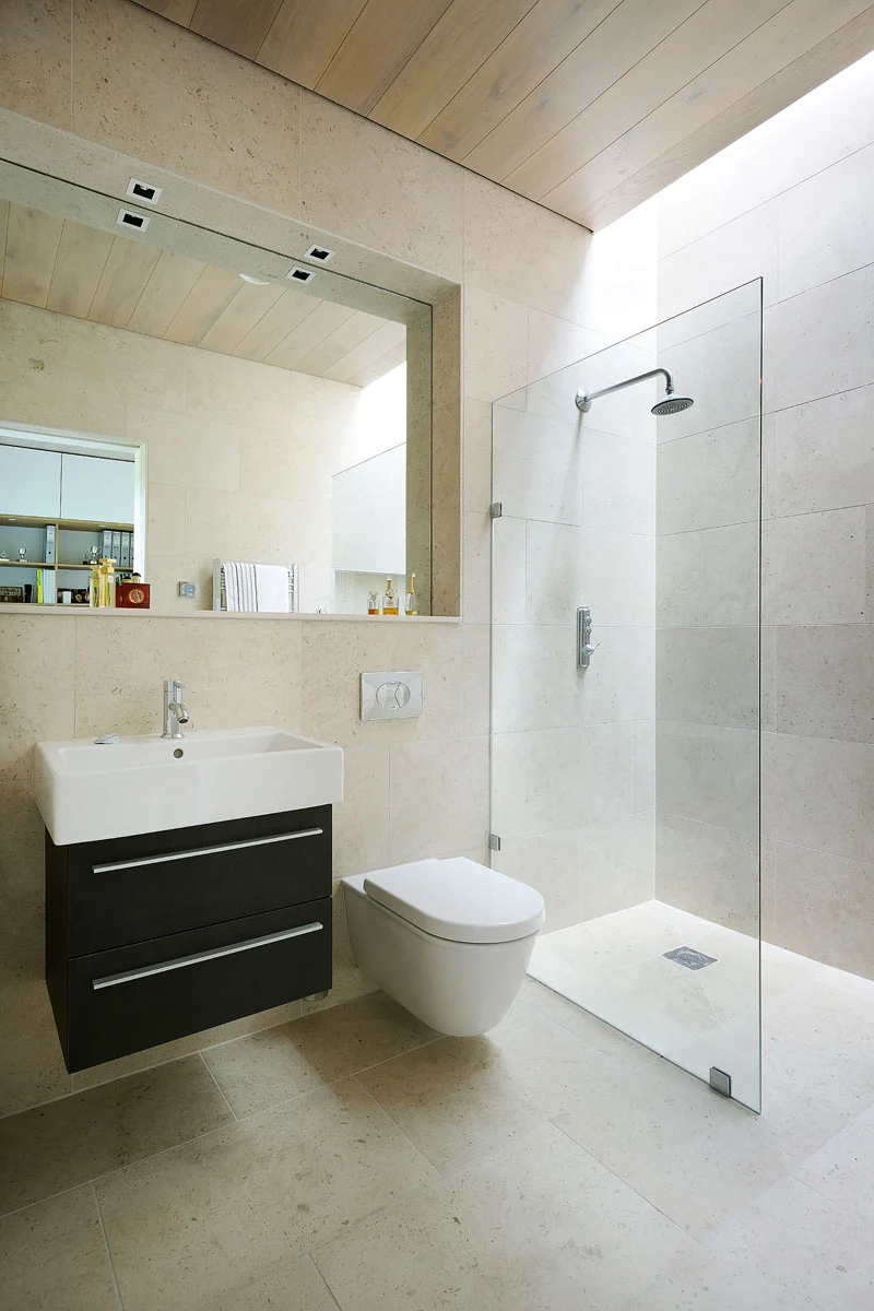 Bathroom with a recessed mirror ledge and a skylit shower