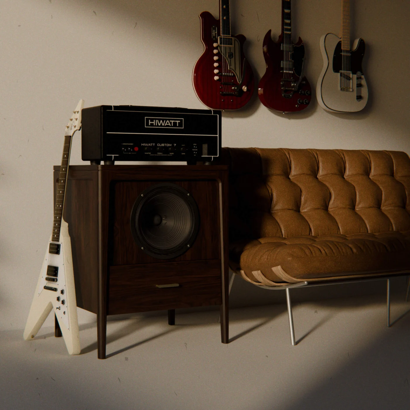 Teak guitar amp furniture designed by Mike Nopper