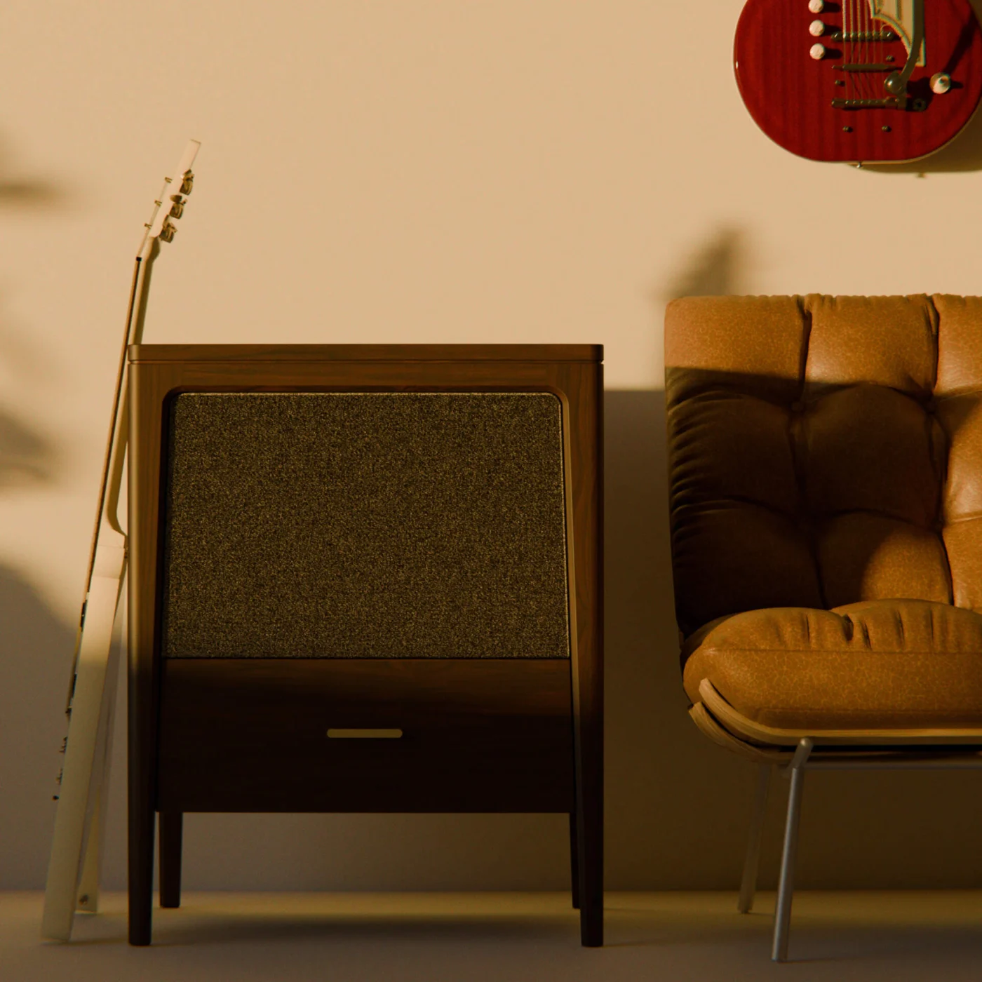 Solid teak guitar cabinet with soft radii and clean hardware
