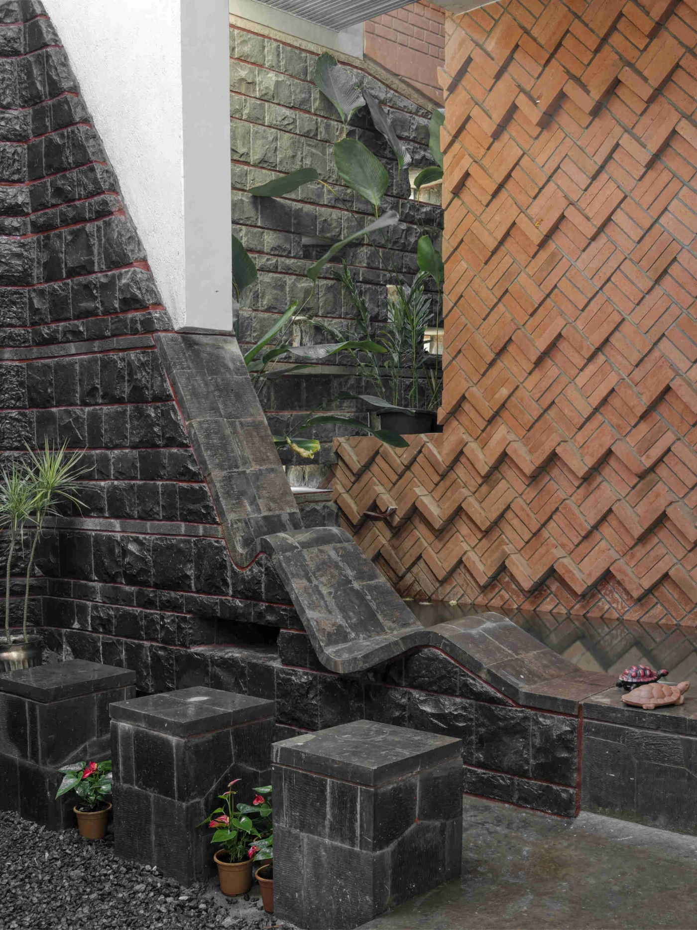 Inner court with stepping stone walls and patterned brickwork