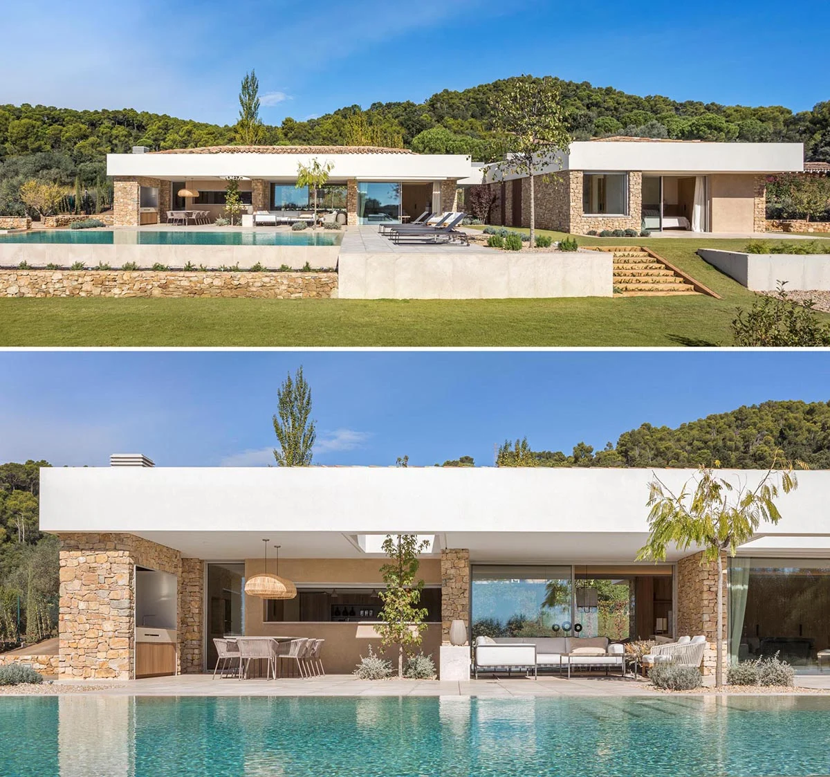 Long swimming pool in front of the partly covered patio