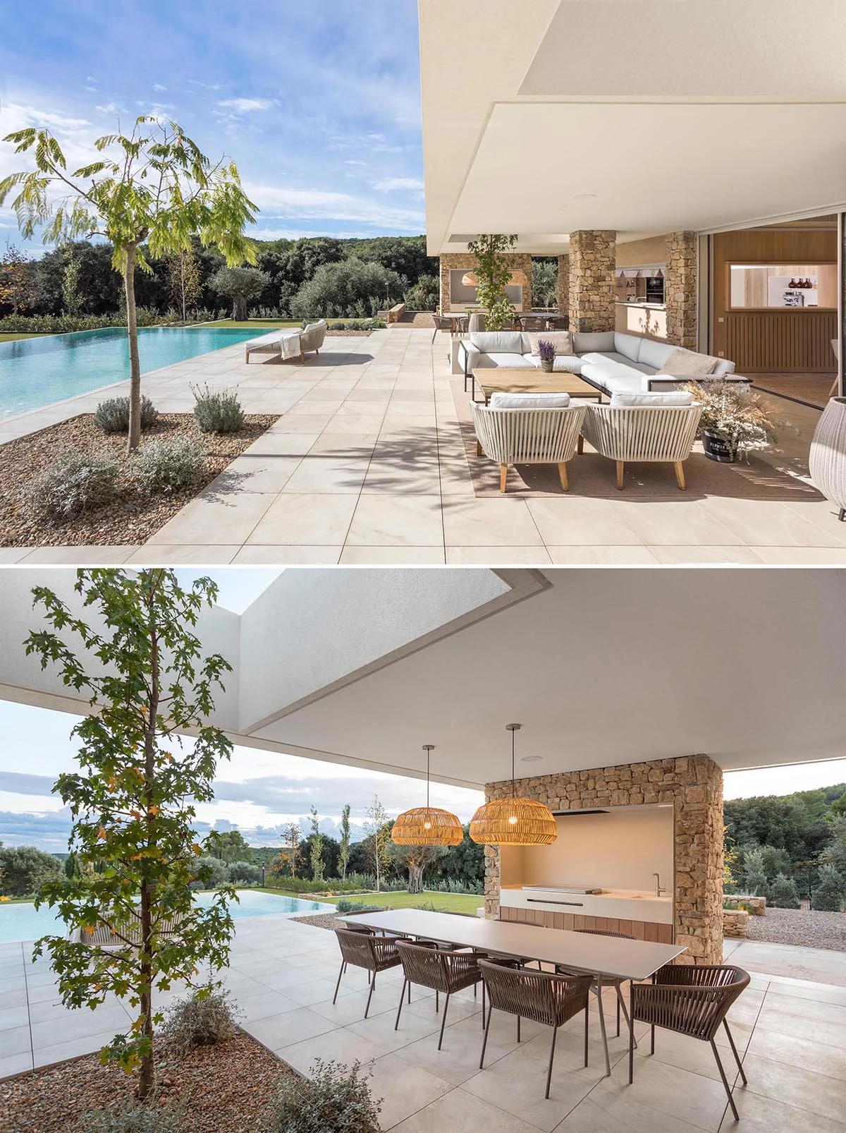 Covered patio with an outdoor lounge and a dining area by the pool